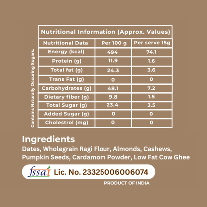 RAGIDOSE - Dates, Ragi Flour, Seeds and Dry Fruit Guilt-Free Bites | No Added Sugar | 100% Natural | High in Calcium & Iron | Natural Energy Booster (Pack of 12 Doses - 15g each)